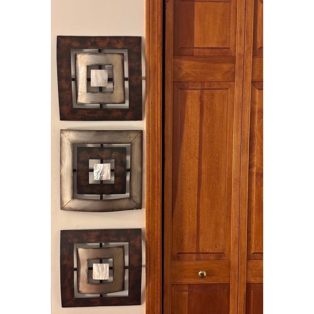Square Metal Wall Art Set of 3 Bronze Silver Mother of Pearl Geometric Good